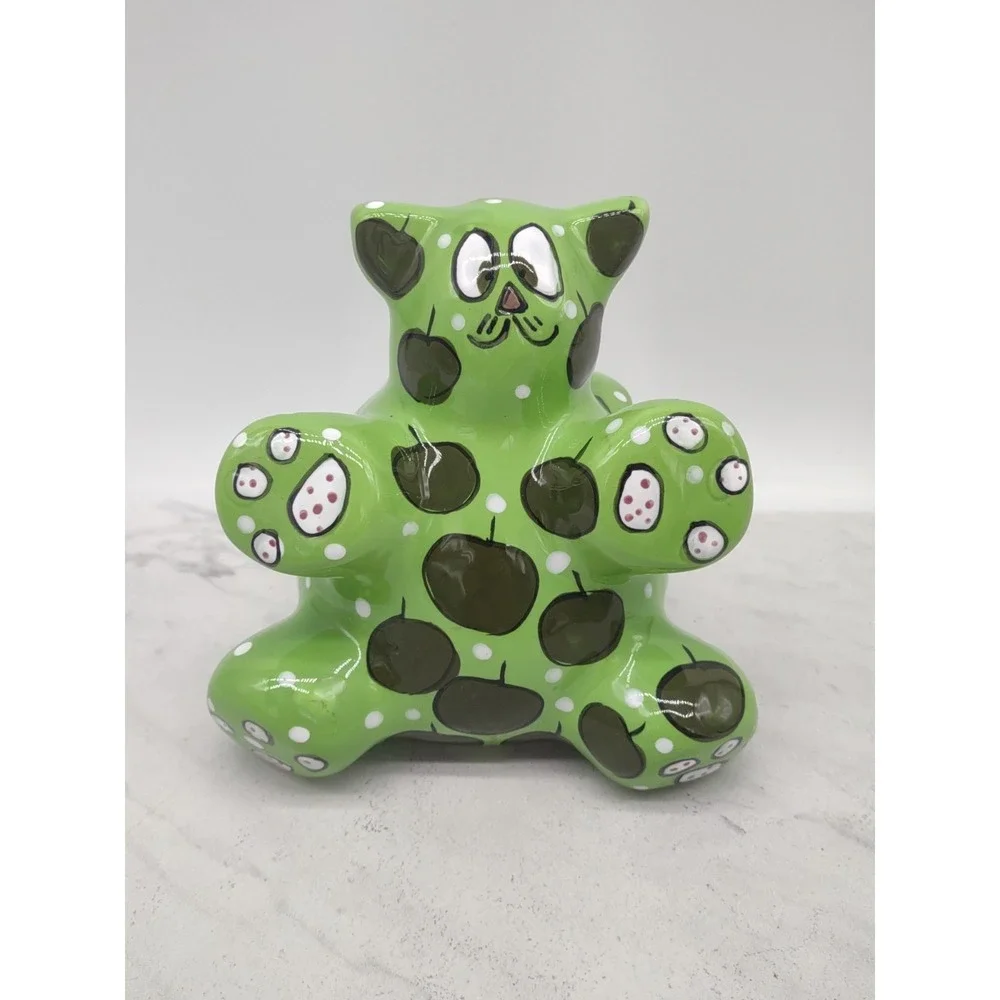 Ganz Ceramic Piggy Bank Kitty Cat Green Apples Painted Signed Pati 5 Inch